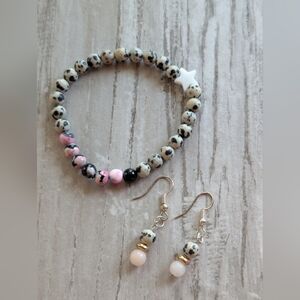 Dalmatian Jasper and Pink Beaded Bracelet and Earrings Set